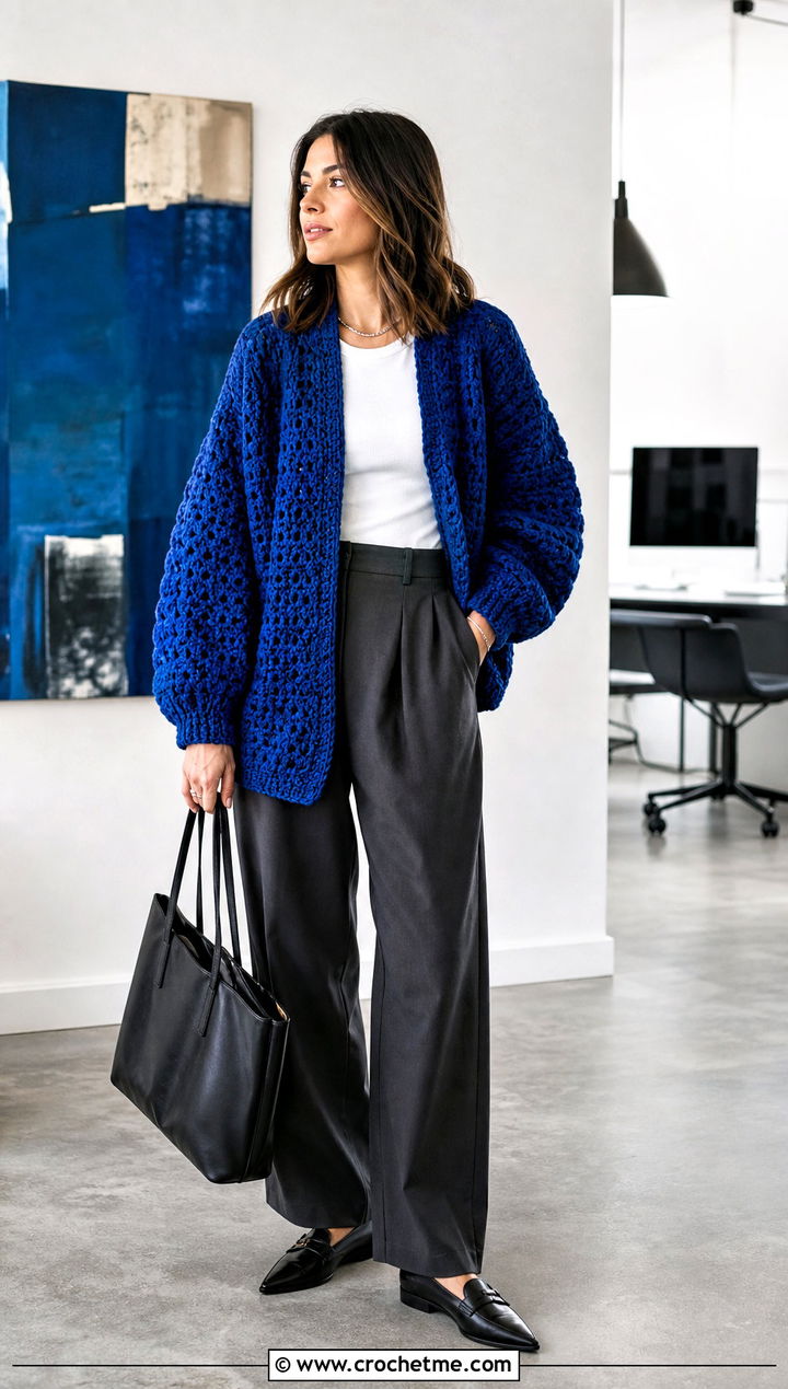 Oversized Velvet Crochet Cardigan With Tailored Trousers - 15 velvet crochet cardigan outfit ideas
