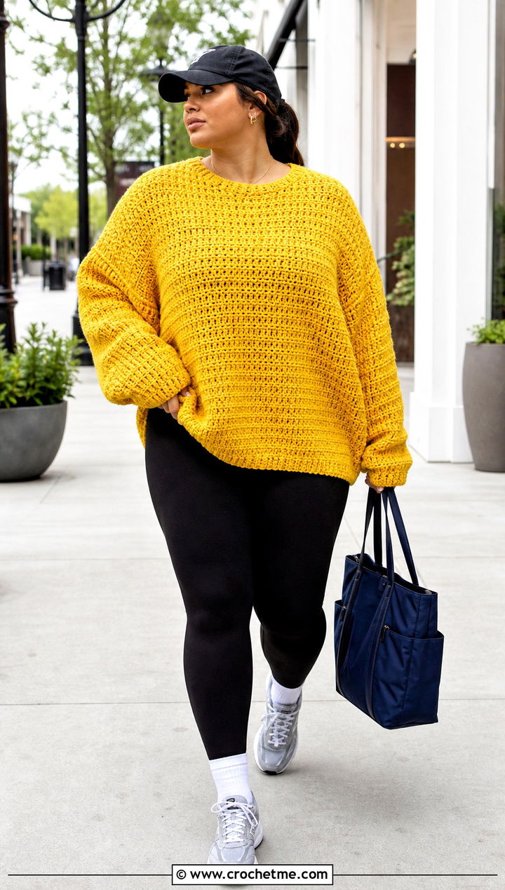 Oversized Velvet Crochet Crewneck With Leggings - 30 velvet crochet sweater outfit ideas