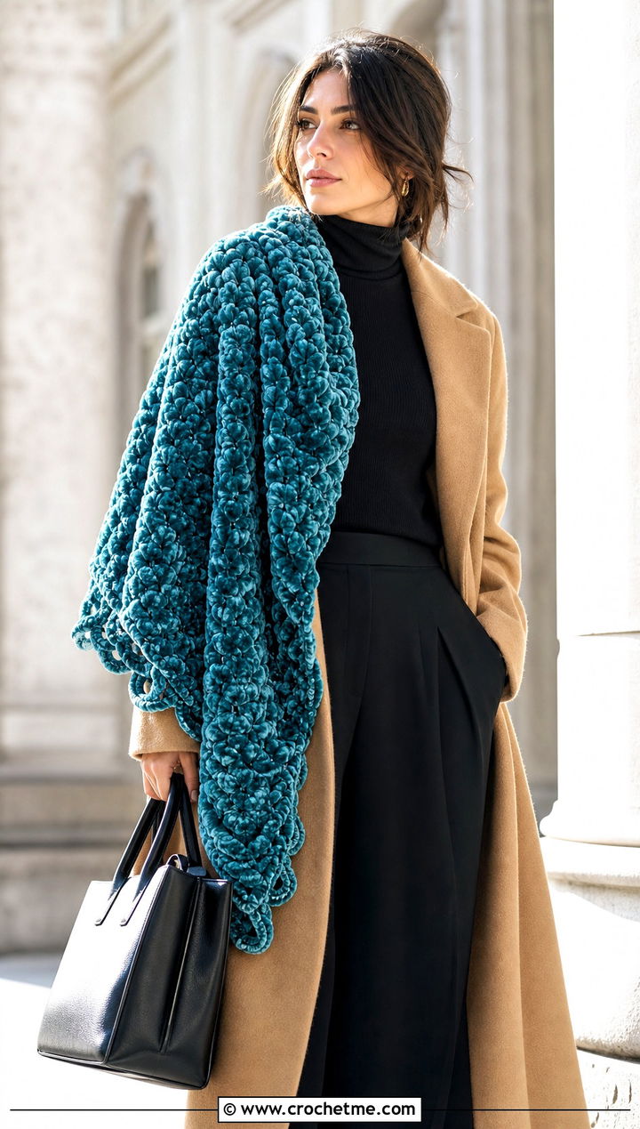 Oversized Velvet Crochet Wrap Scarf With Maxi Coat - 25 Velvet Crochet Scarf outfit ideas