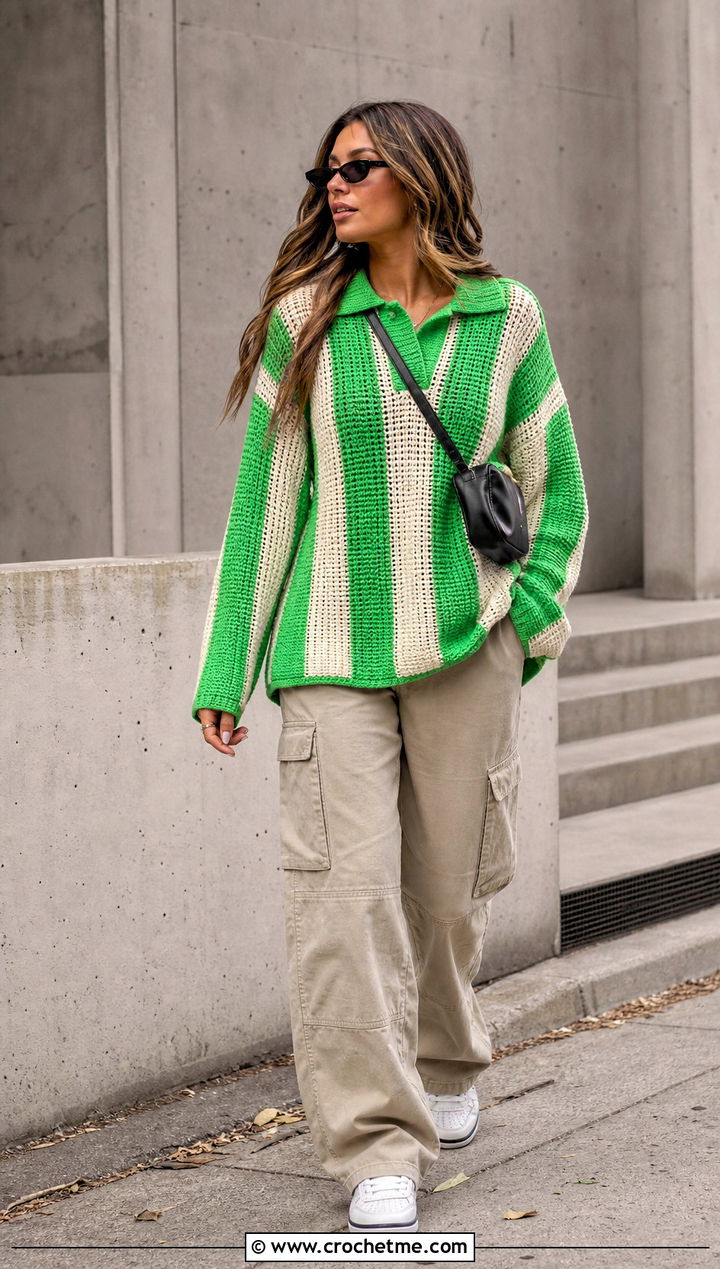 Oversized Vertical Stripe Crochet Sweater Polo With Cargo Pants - 15 vertical stripe crochet sweater polo outfit ideas