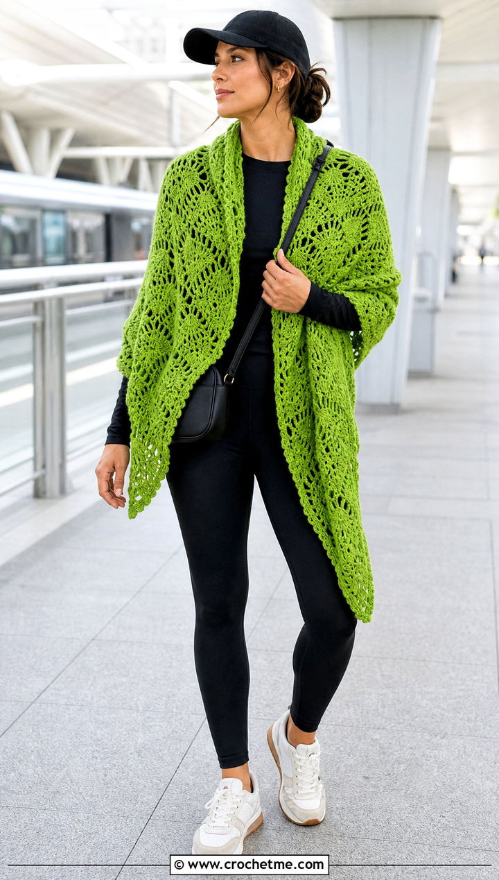 Oversized Virus Shawl With Leggings And Sneakers - 15 crochet virus shawls outfit ideas