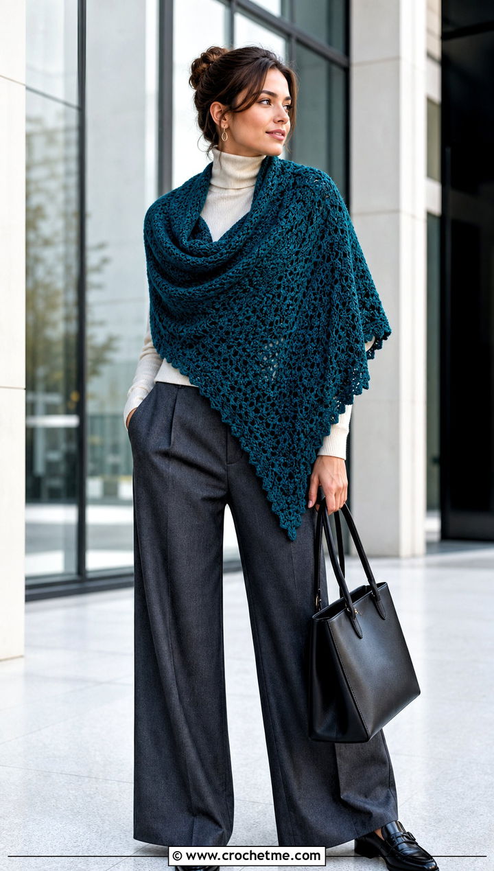 Oversized Virus Shawl With Tailored Trousers - 35 crochet virus shawl outfit ideas