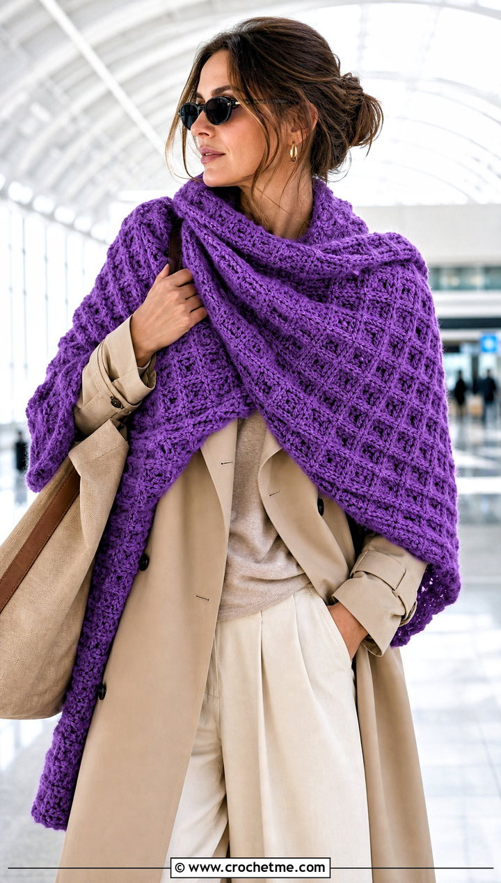 Oversized Waffle Blanket Shawl With Trench Coat - 15 Waffle Crochet Shawl outfit ideas