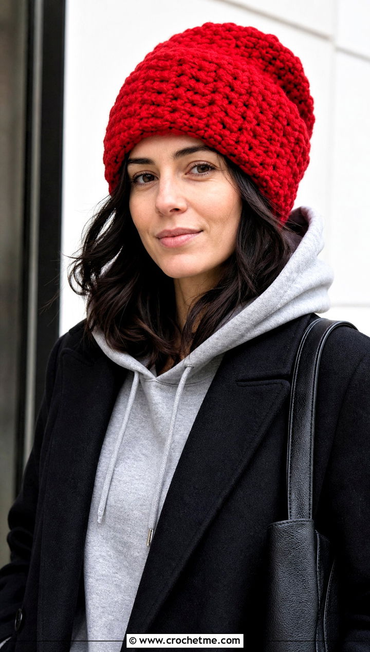 Oversized Waffle Crochet Beanie With Hoodie And Coat - 20 Waffle Crochet Hat outfit ideas