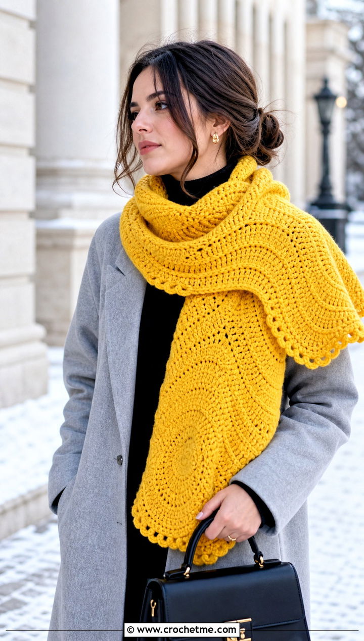 Oversized Wave Crochet Scarf With Wool Coat and Wide Leg Pants - 25 wavy crochet scarf outfit ideas