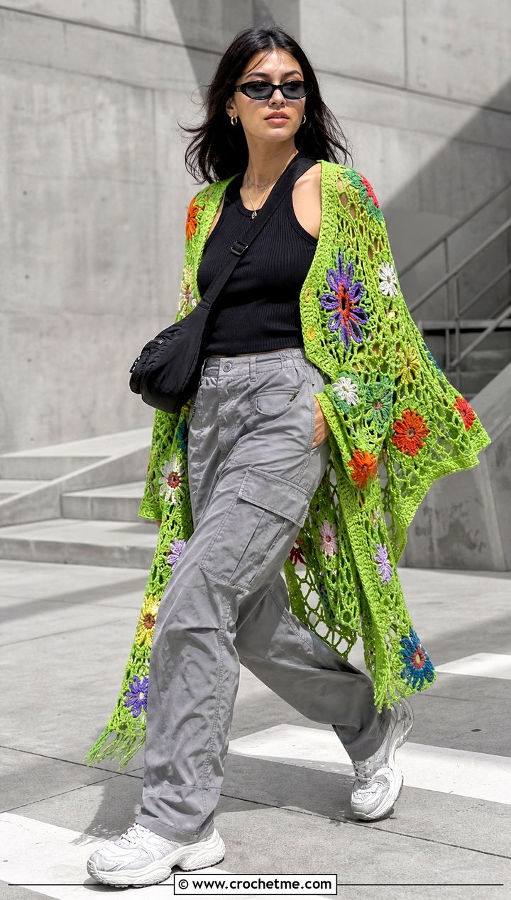 Oversized Wildflower Crochet Poncho With Cargo Pants - 25 Crochet Flower Poncho outfit ideas