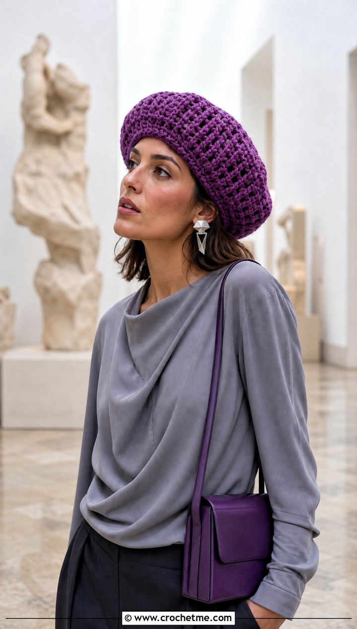 Oversized Wool Crochet Tam With Wide Leg Trousers - 25 Wool Crochet Hat outfit ideas