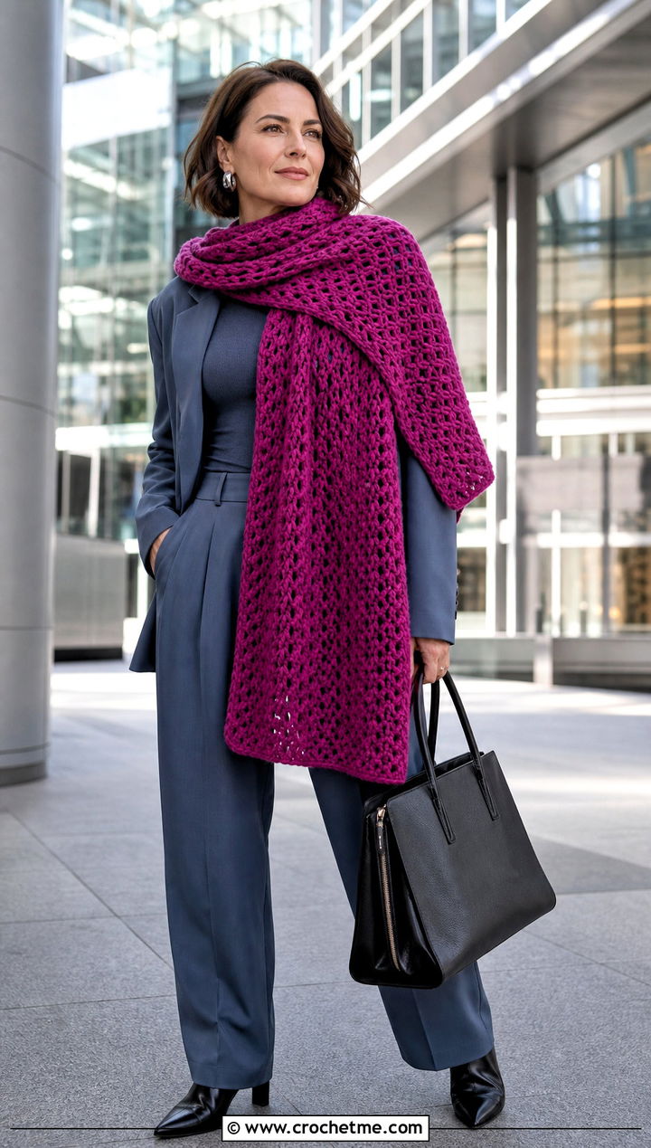 Oversized Worsted Weight Crochet Wrap Scarf With Suit - 20 Crochet Scarf Worsted Weight Yarn outfit ideas