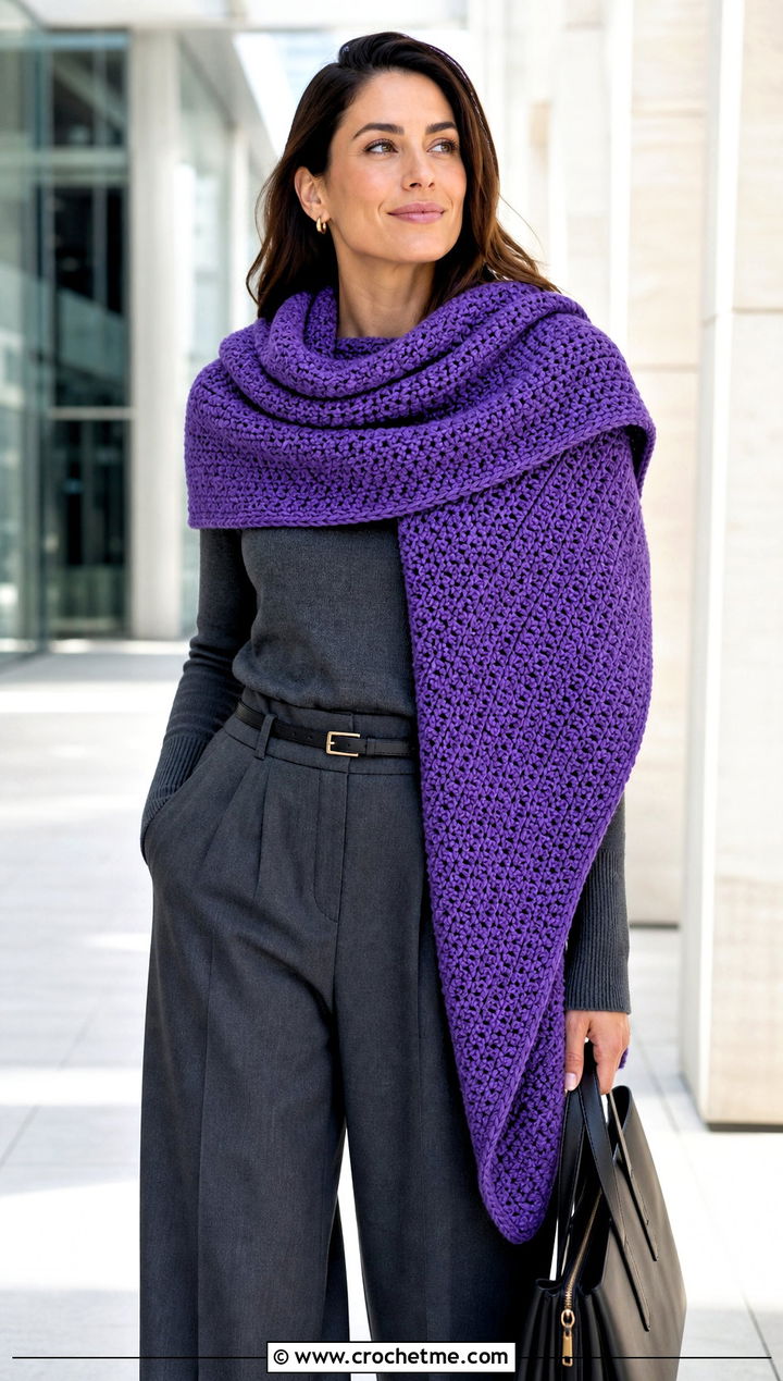 Oversized Wrap Bonfire Scarf With Tailored Trousers - 20 Crochet Bonfire Scarf outfit ideas