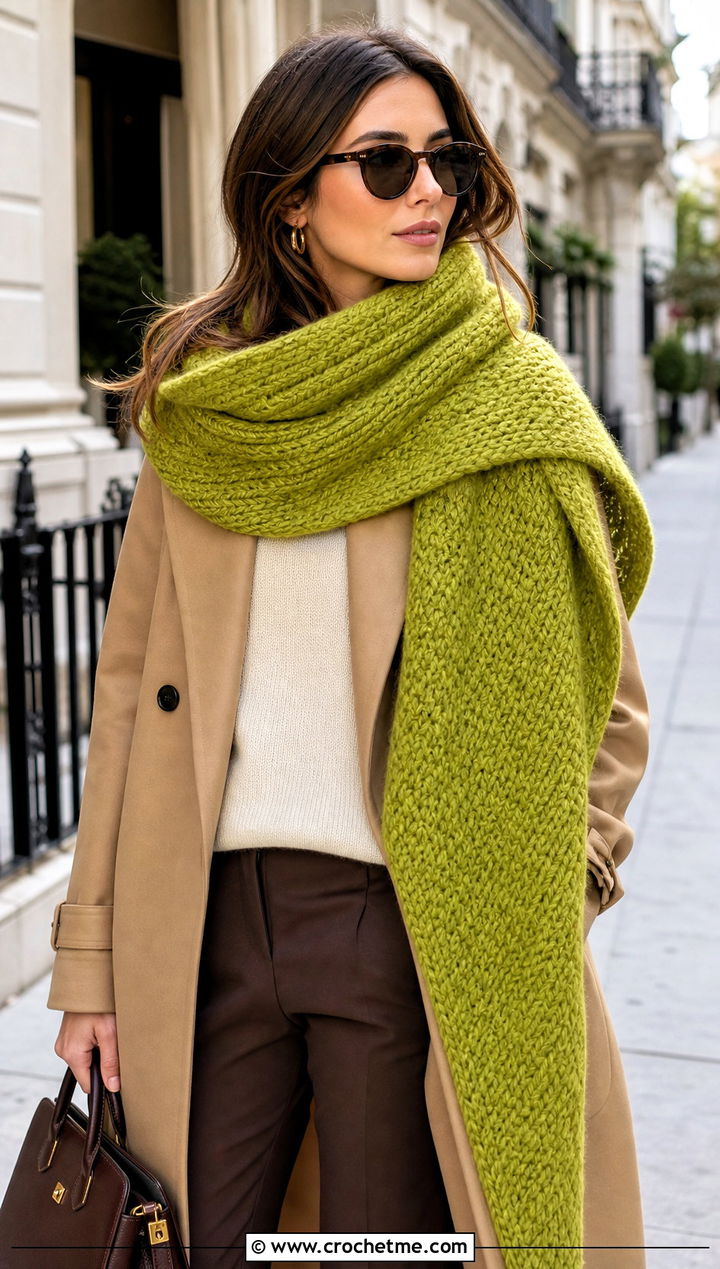 Oversized Wrap Natsu Scarf With Trench Coat - 15 Crochet Natsu Scarf outfit ideas