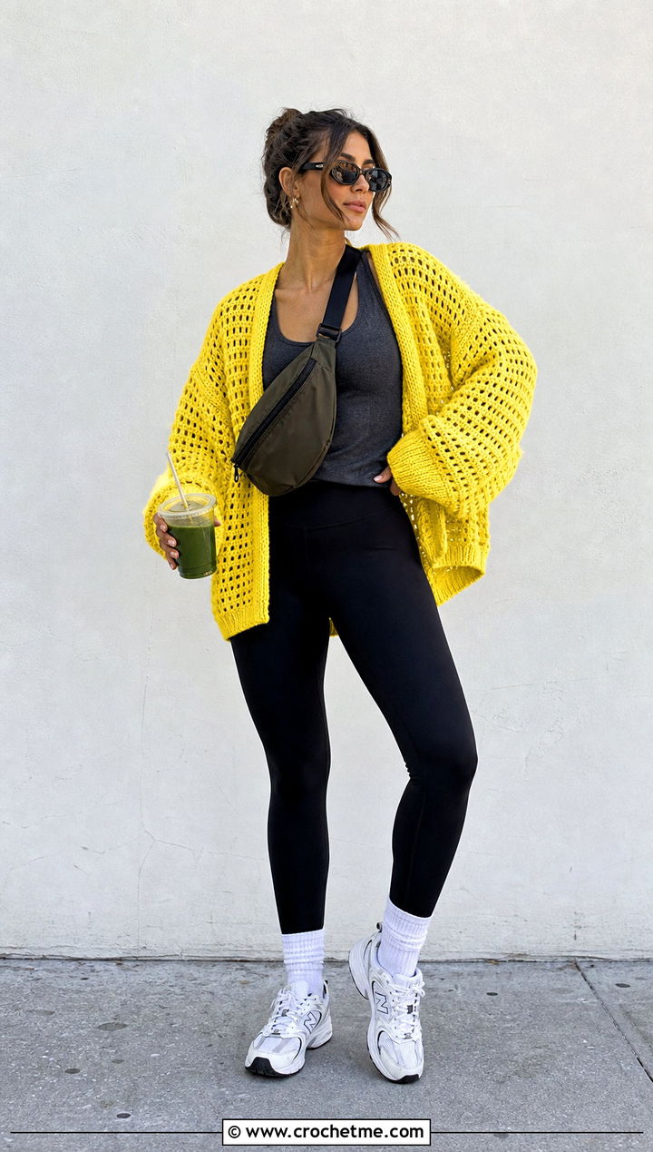 Oversized Yellow Crochet Cardigan With Leggings - 30 yellow crochet cardigan outfit ideas