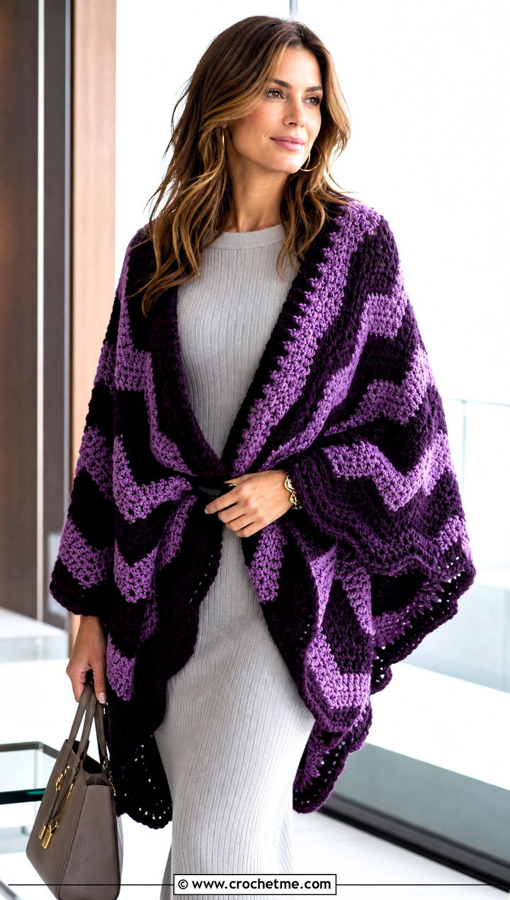 Oversized Zig Zag Crochet Wrap With Knit Dress - 25 Zig Zag Crochet Scarf outfit ideas