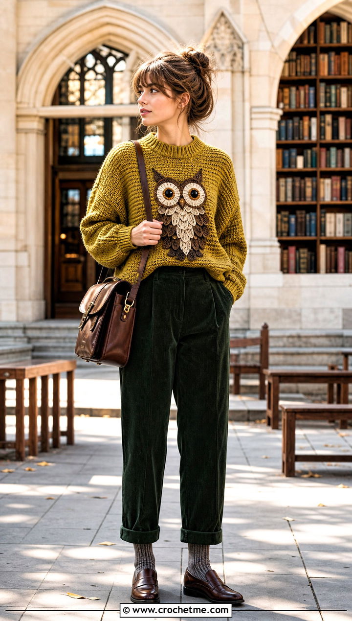 Owl WHO Crochet Mabel Sweater With Corduroy Trousers - 35 crochet mabel sweater outfit ideas