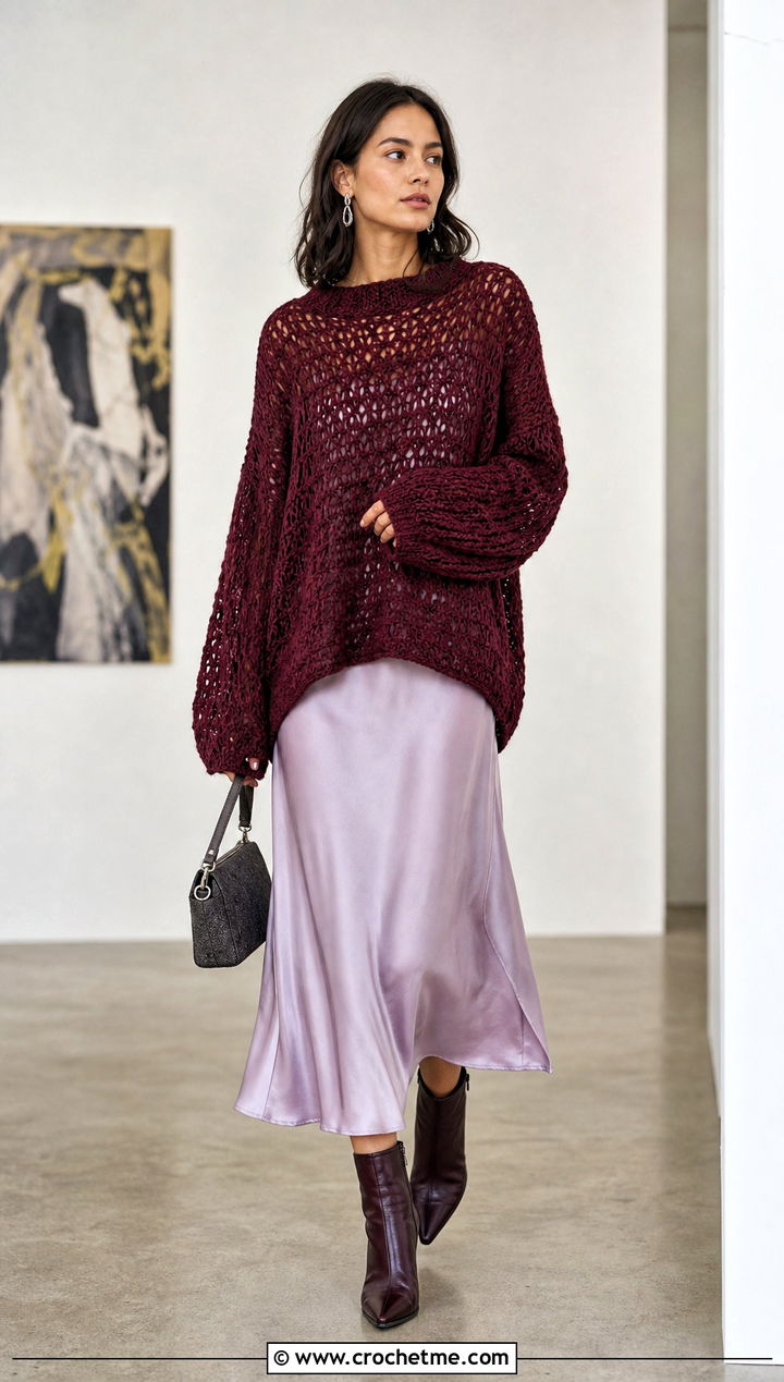 Oxblood Oversized Crochet Sweater With Slip Dress - 15 Red Crocheted Sweater Close-Up outfit ideas
