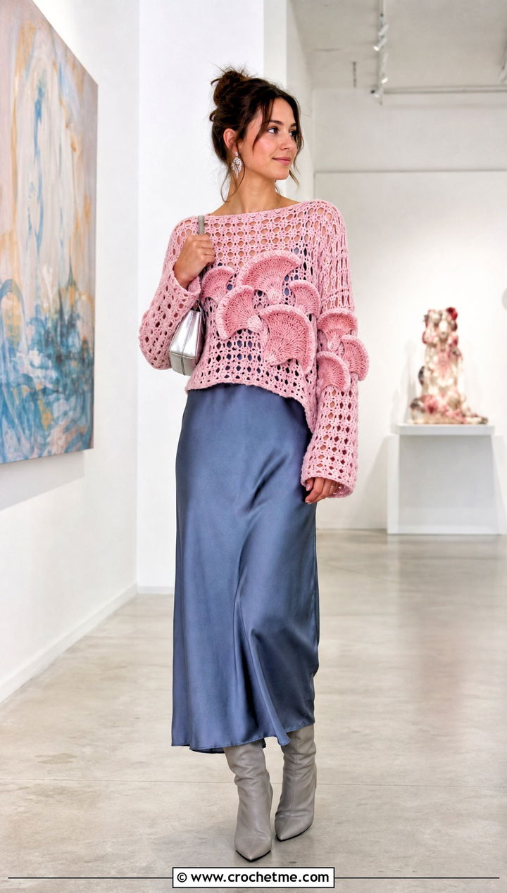 Oyster Mushroom Crochet Sweater Over a Slip Dress - 25 mushroom crochet sweater outfit ideas