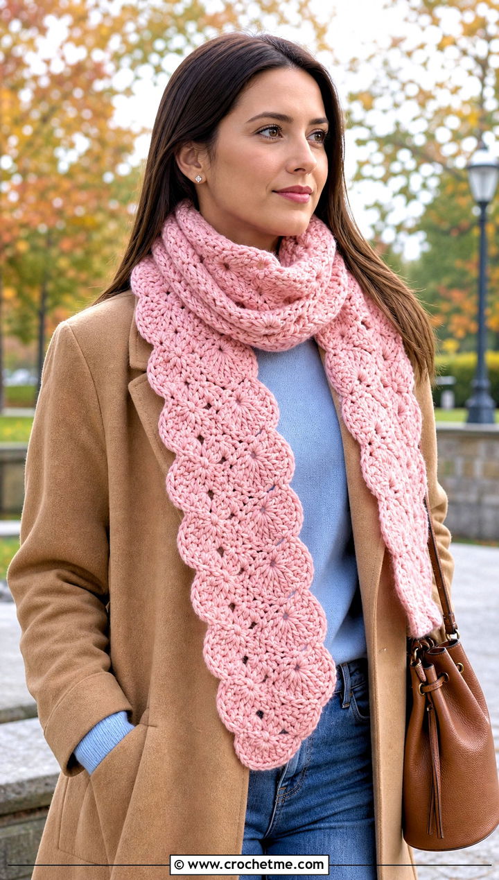 Oyster Shell Crochet Scarf With Sweater And Jeans - 20 Shell Crochet Scarf outfit ideas