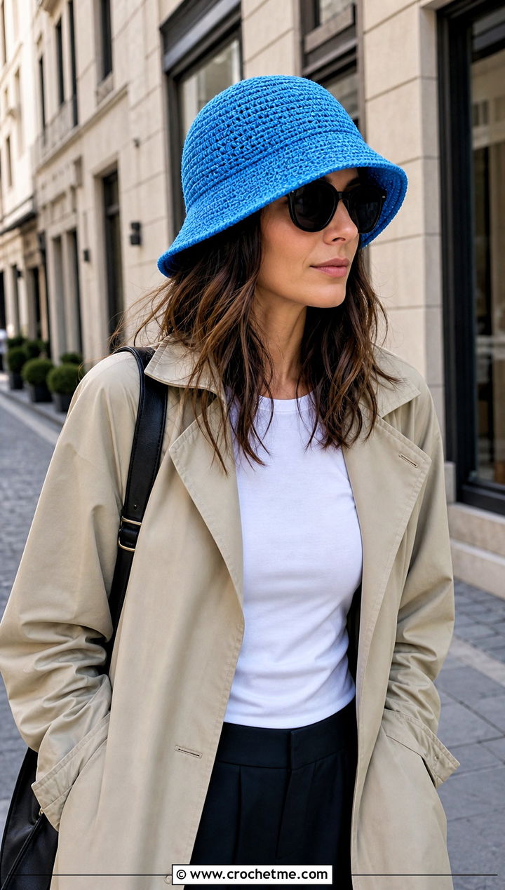 Packable Straw Crochet Bucket Hat With Trench Coat - 20 Straw Crochet Bucket Hat outfit ideas