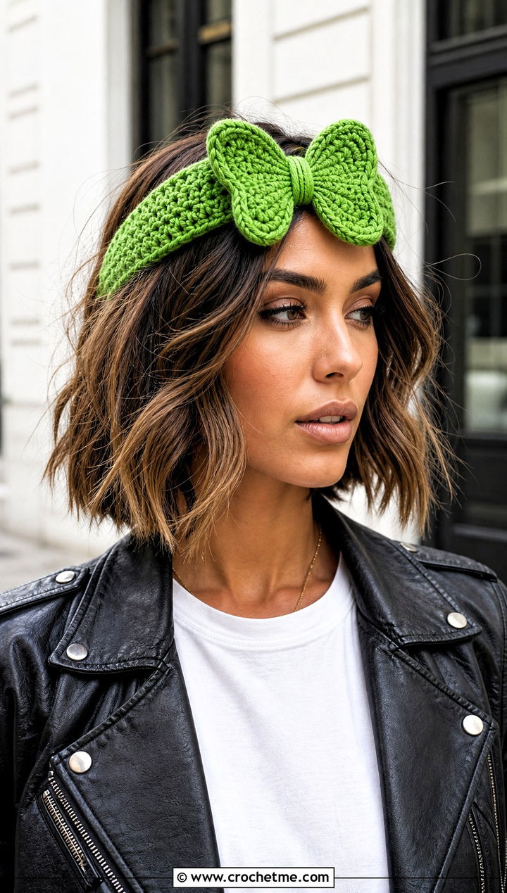 Padded Butterfly Crochet Headband With Leather Jacket - 15 crochet butterfly headband outfit ideas