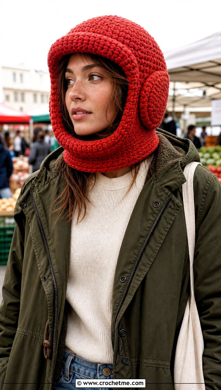 Padded Crochet Astronaut Helmet With Parka And Straight Jeans - 15 Crochet Astronaut Hat outfit ideas