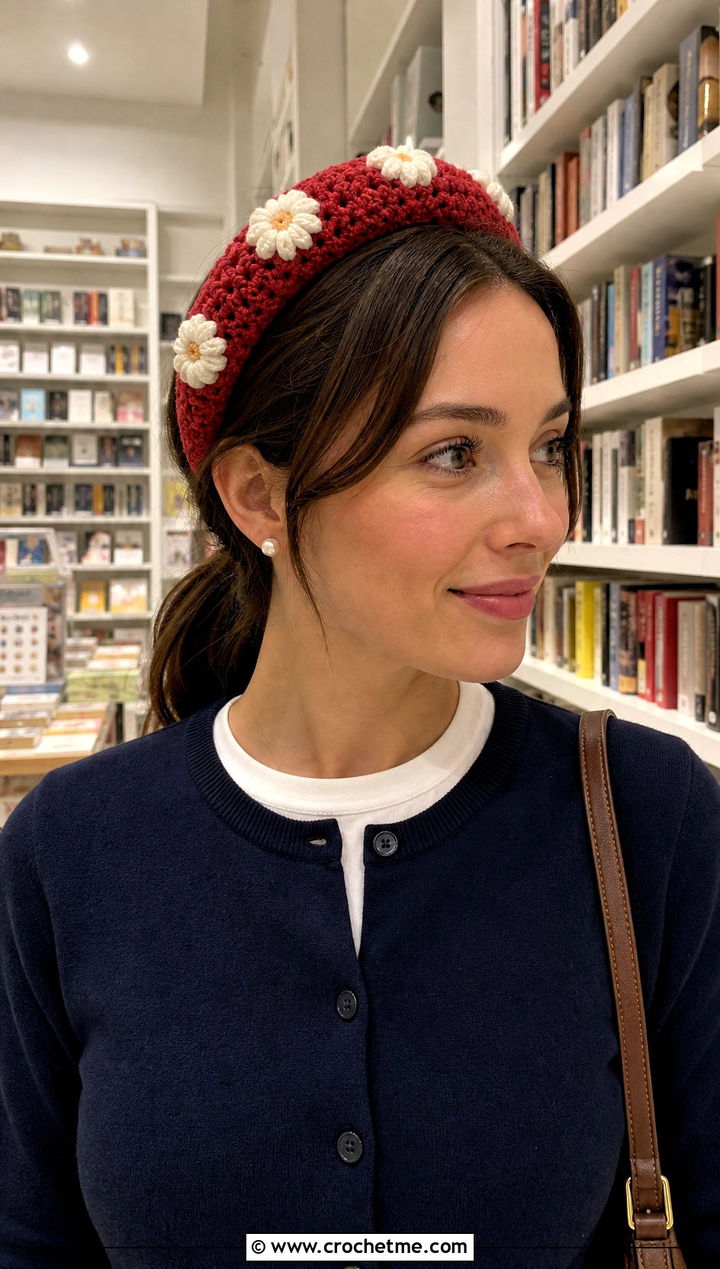 Padded Crochet Daisy Headband With Preppy Cardigan - 25 Crochet Daisy Headband outfit ideas