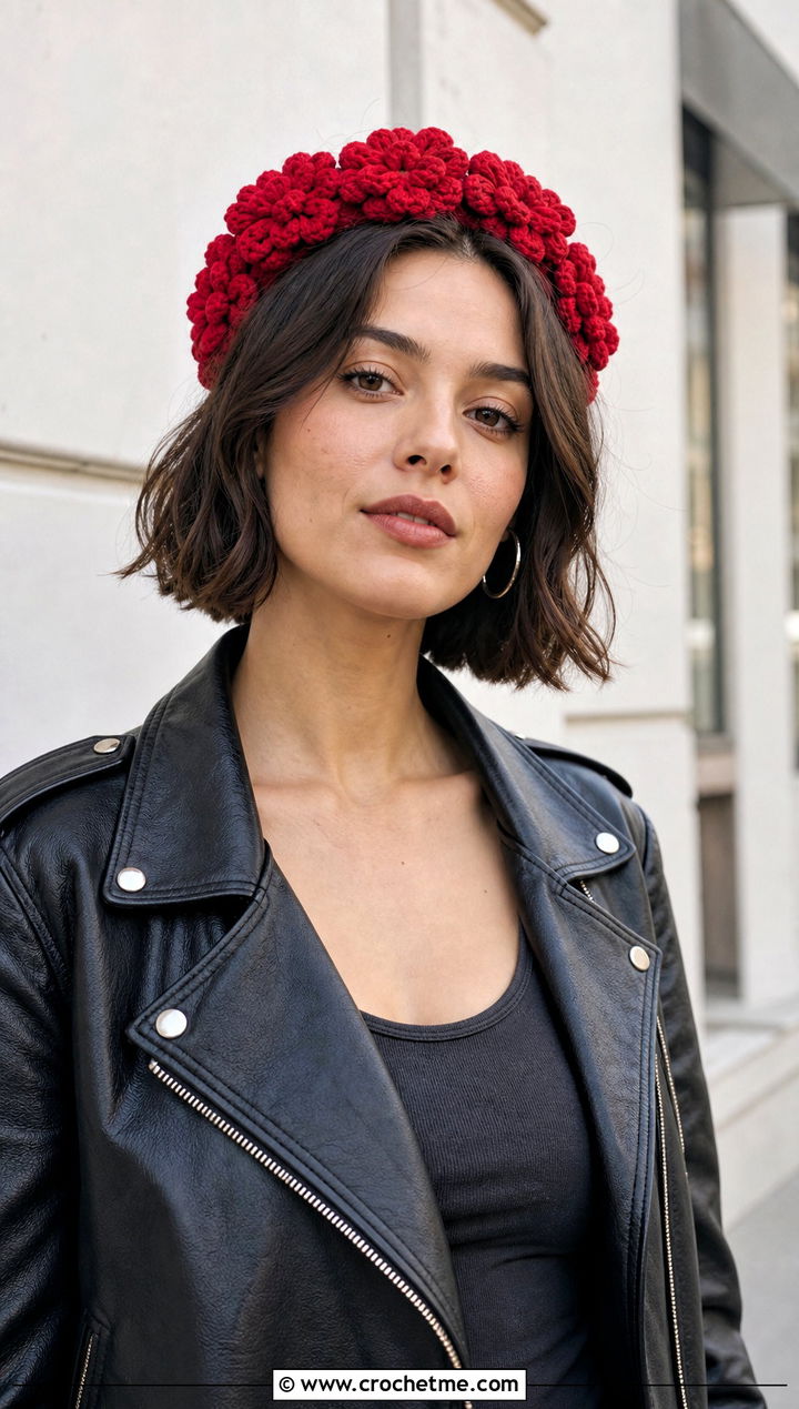 Padded Crochet Flower Crown Headband With Leather Jacket - 25 crochet flower crown headband outfit ideas