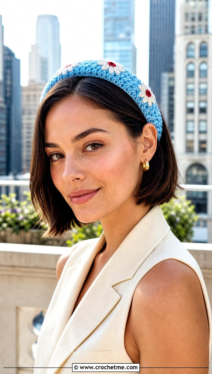 Padded Daisy Crochet Headband With Tailored Shorts - 15 daisy flower crochet headband outfit ideas