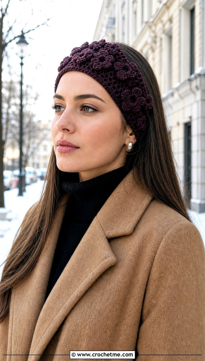 Padded Flower Lace Crochet Headband With Wool Coat - 15 crochet flower headband on lace background outfit ideas