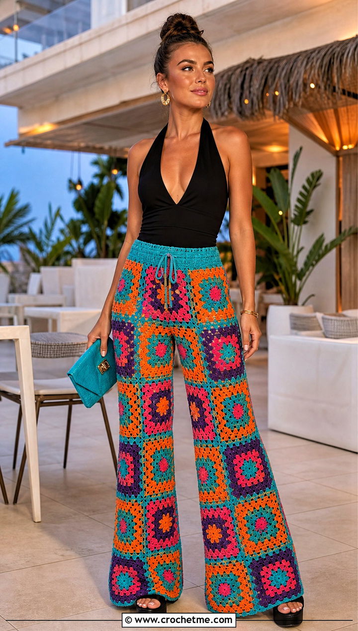 Palazzo Granny Square Crochet Pants With Halter Top - 25 Granny Square Crochet Pants outfit ideas