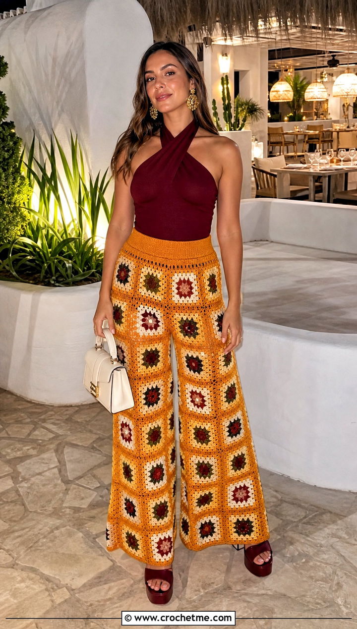 Palazzo Granny Square Trousers With Halter Neck Top - 35 granny square trousers outfit ideas