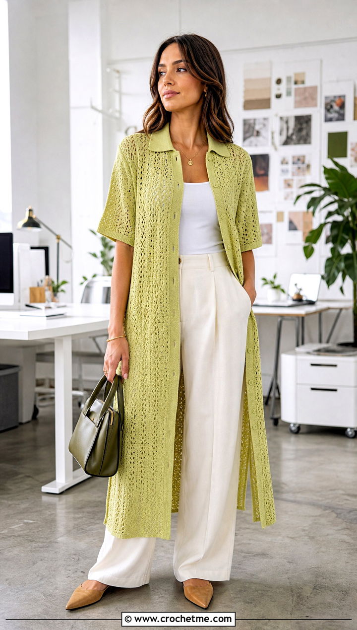 Pale Chartreuse Crochet Shirt Dress With Wide Leg Trousers - 20 pastel crochet dress outfit ideas
