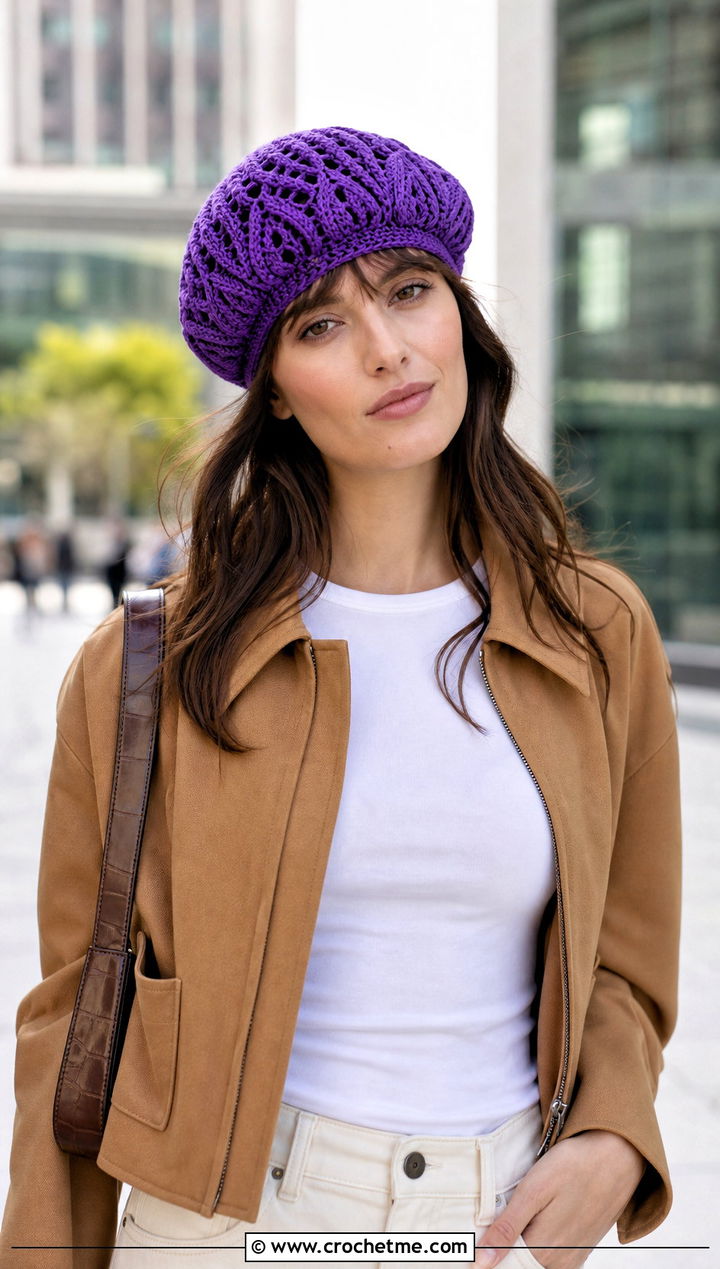 Palm Leaf Beret With Wide Leg Trousers - 25 Crochet Leaf Hat outfit ideas