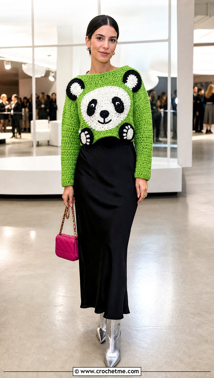 Panda Amigurumi Sweater With Black Slip Dress - 30 amigurumi sweater outfit ideas