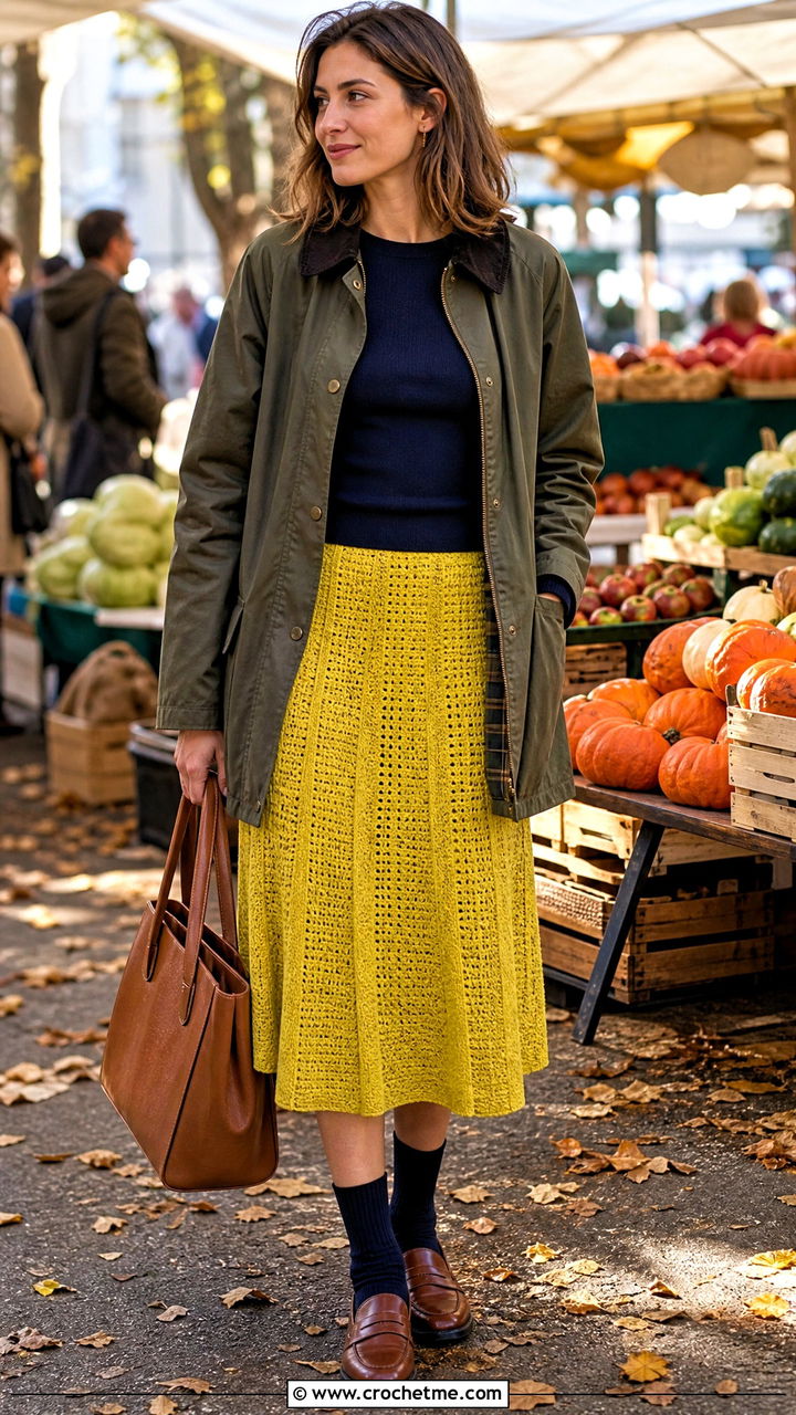 Paneled Crochet Midi Skirt With Barn Jacket - 35 crochet midi skirt outfit ideas