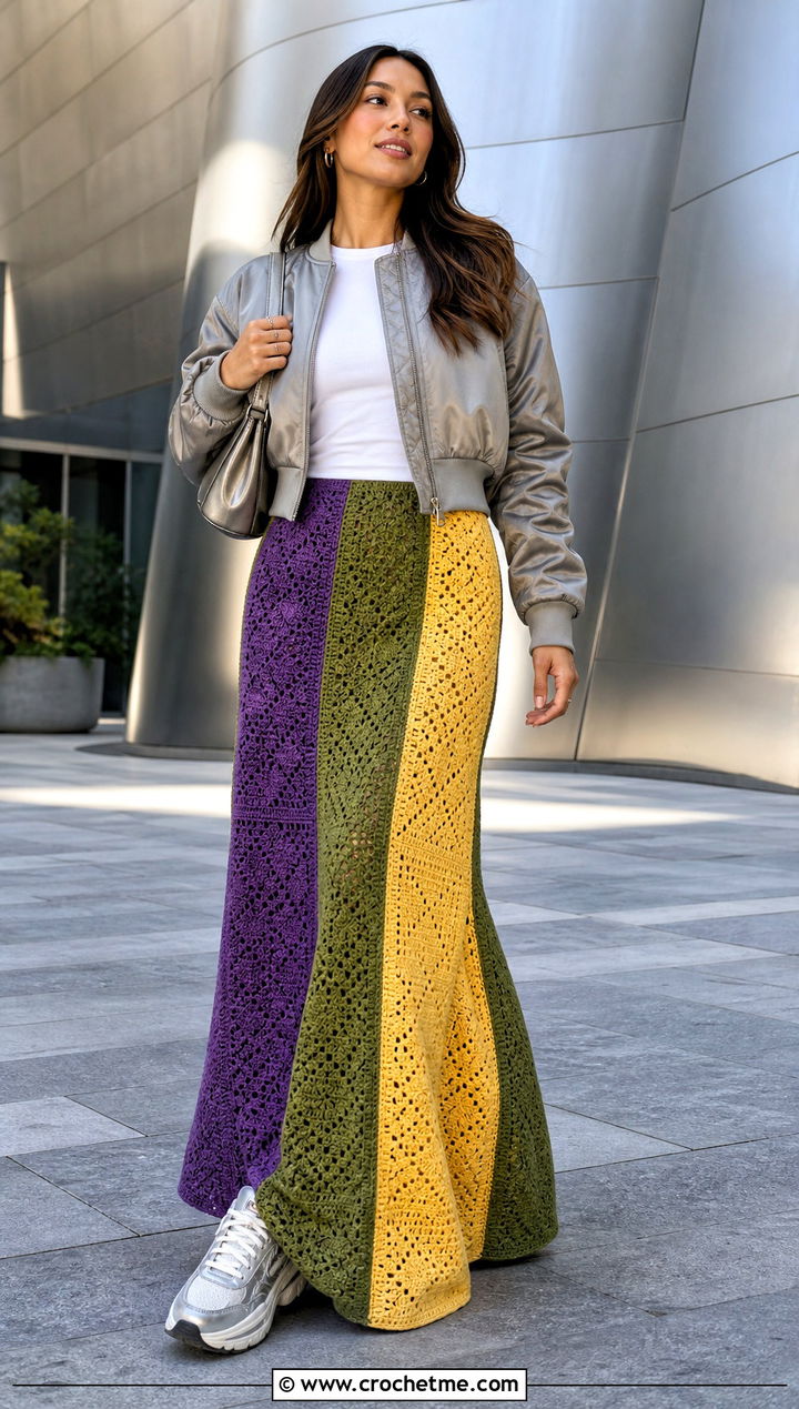 Paneled Crochet Patchwork Maxi Skirt With Bomber Jacket - 30 crochet patchwork skirt outfit ideas