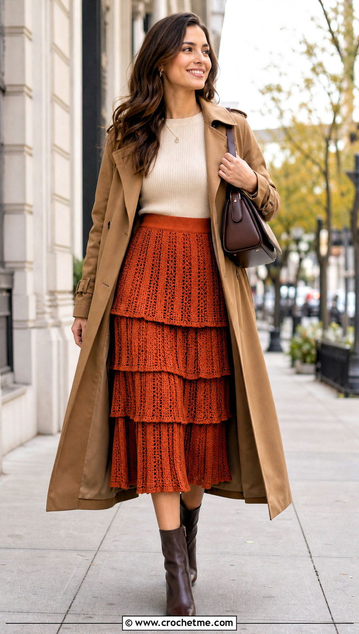 Paneled Layered Crochet Midi Skirt With Trench Coat And Boots - 35 Layered Crochet Skirt outfit ideas