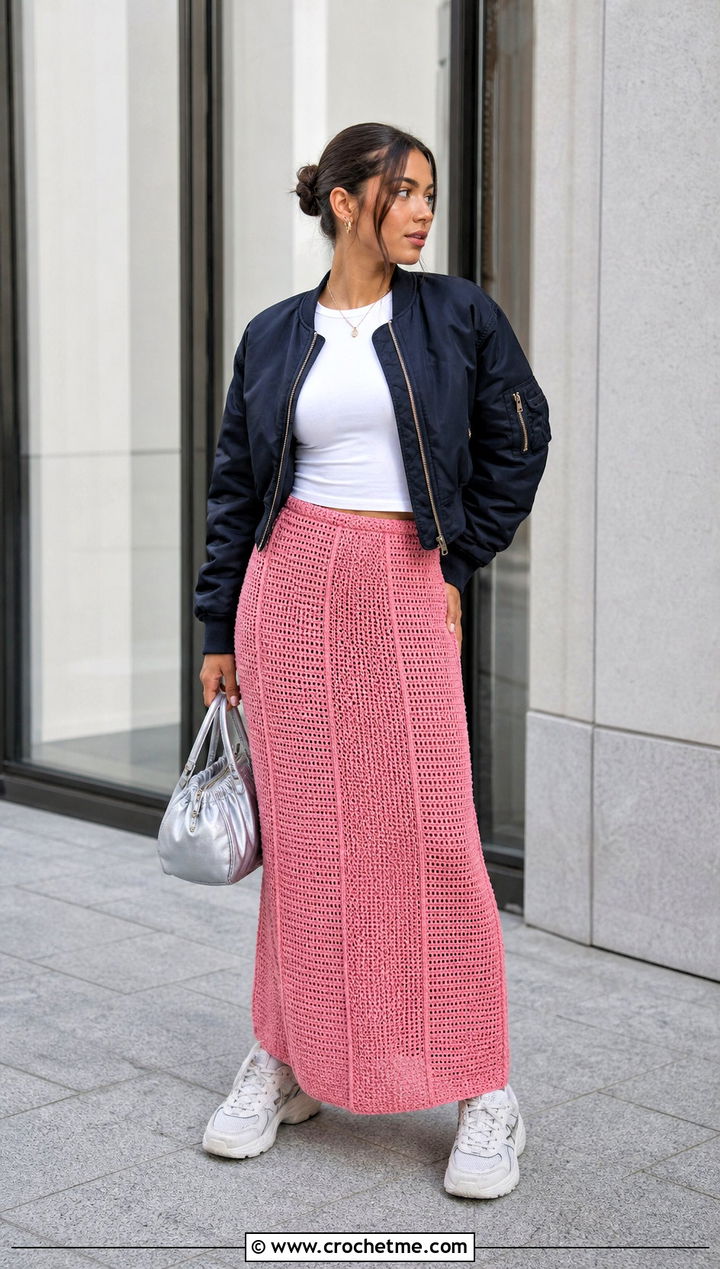 Paneled Maxi Crochet Skirt With Bomber Jacket - 35 maxi crochet skirt outfit ideas