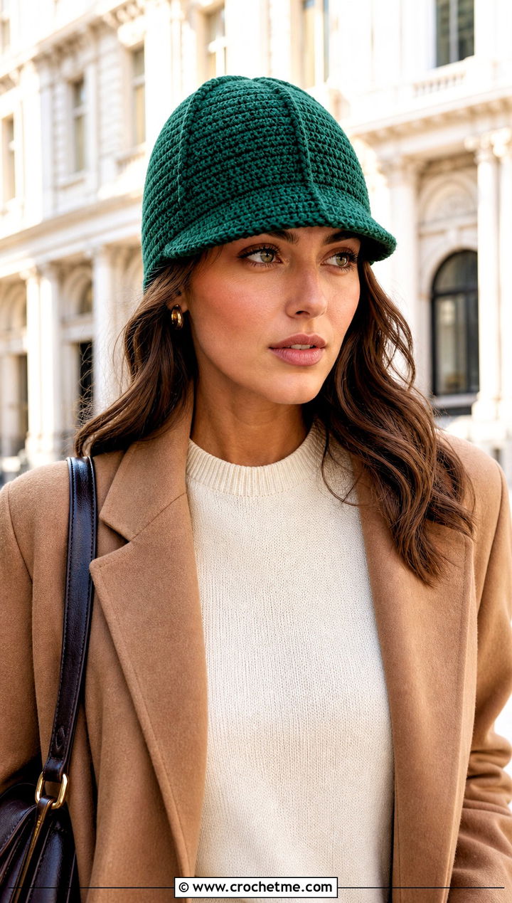 Paneled Peak Brimmed Crochet Beanie With Long Coat - 15 Brimmed Crochet Beanie outfit ideas