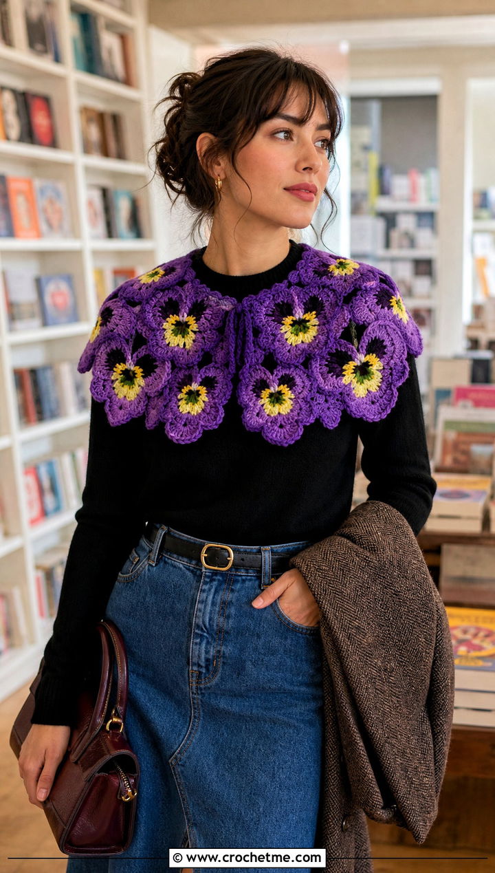 Pansy Capelet Collar With Knit Sweater - 15 handmade floral crochet collar outfit ideas