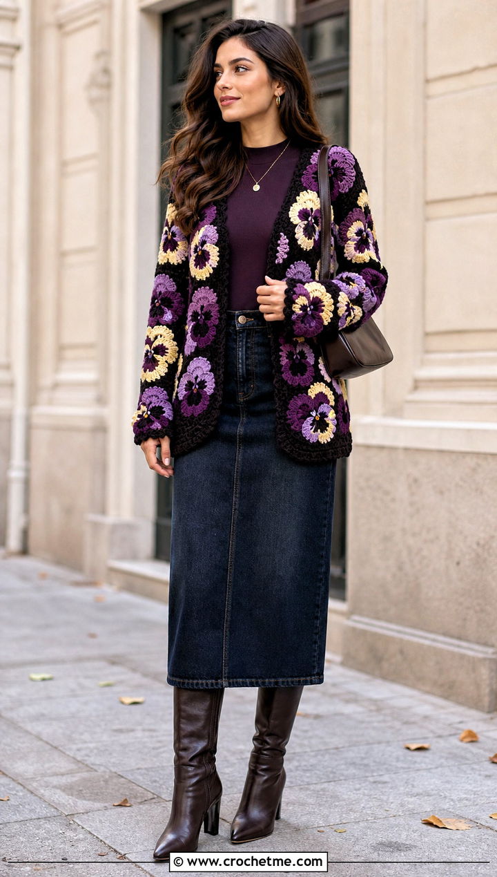 Pansy Flower Cardigan With Denim Midi Skirt - 30 crochet flowers cardigan outfit ideas