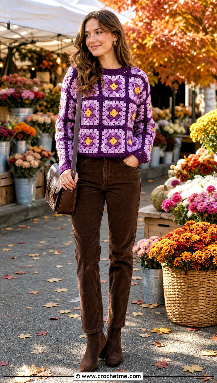 Pansy Flower Granny Square Sweater With Corduroy Pants - 30 flower granny square sweater outfit ideas
