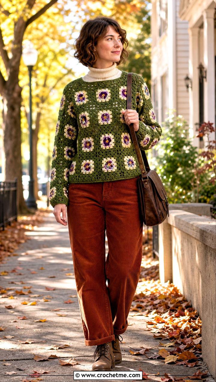 Pansy Granny Square Sweater With Corduroy Pants - 30 flower crochet sweater outfit ideas