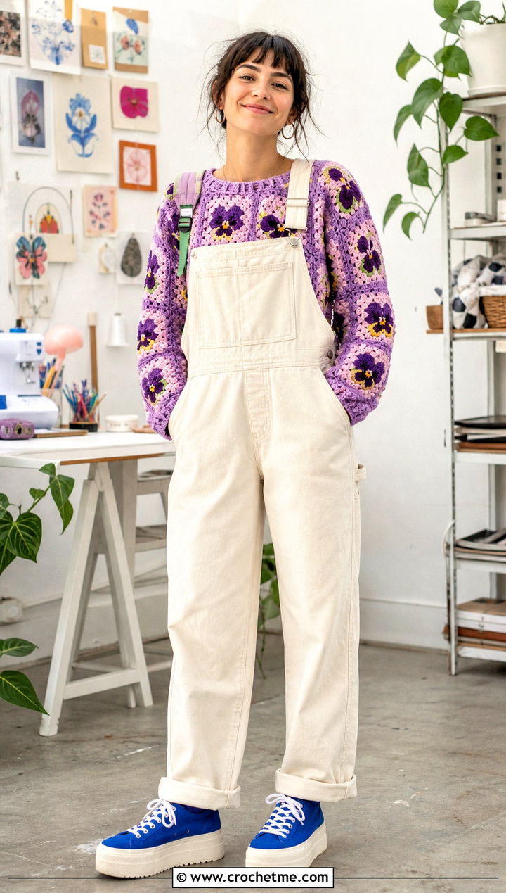 Pansy Puff Flower Granny Square Sweater With Overalls - 30 flower granny square sweater outfit ideas
