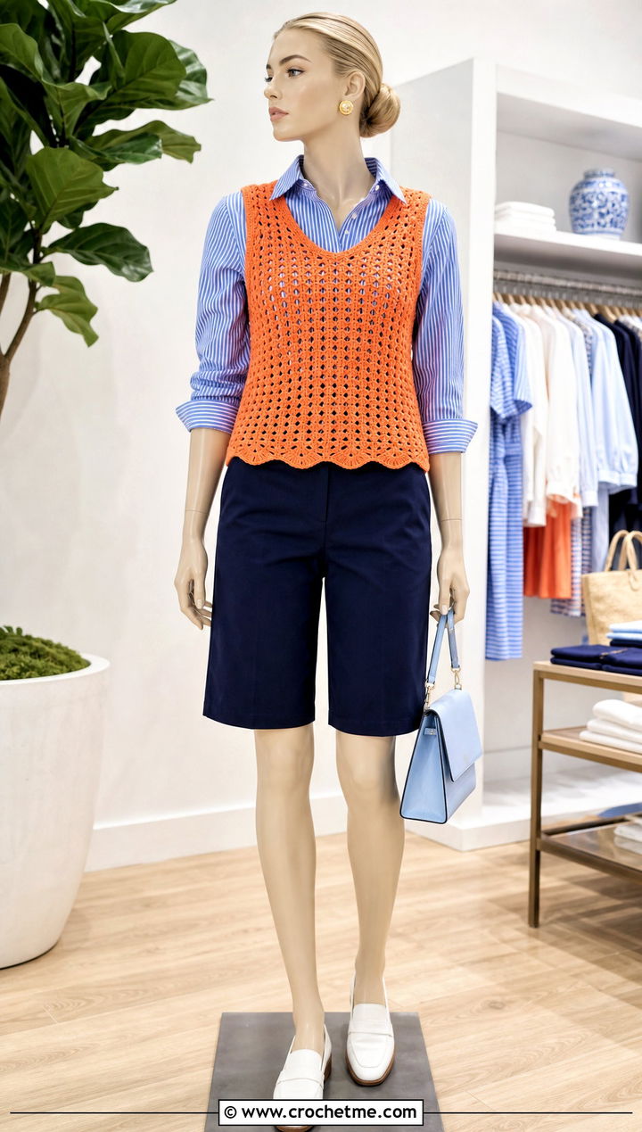 Papaya Crochet Vest Top With Striped Shirt And Shorts - 15 orange crochet top on mannequin outfit ideas