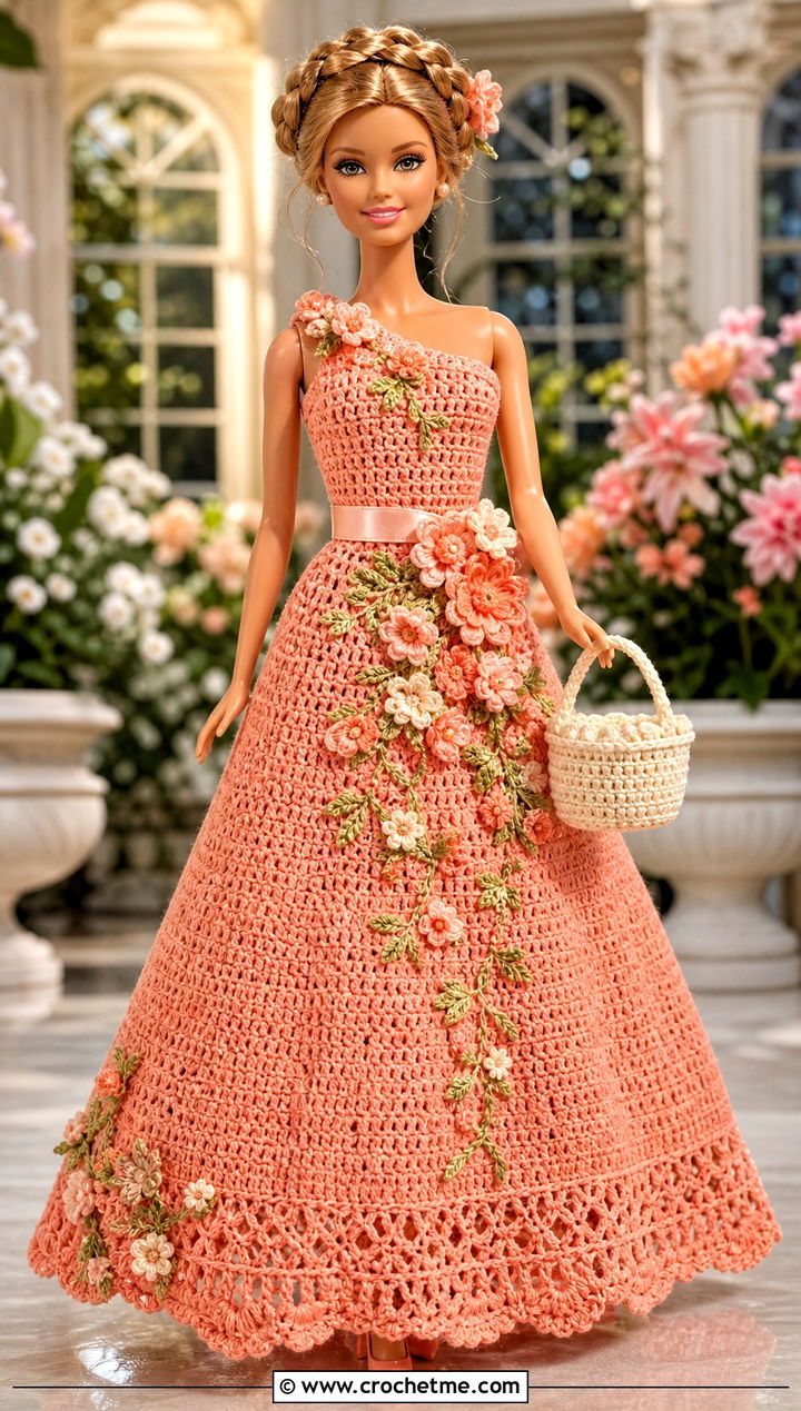 Papaya Floral Applique Crochet Barbie Ball Gown - 30 crochet barbie ball gowns outfit ideas