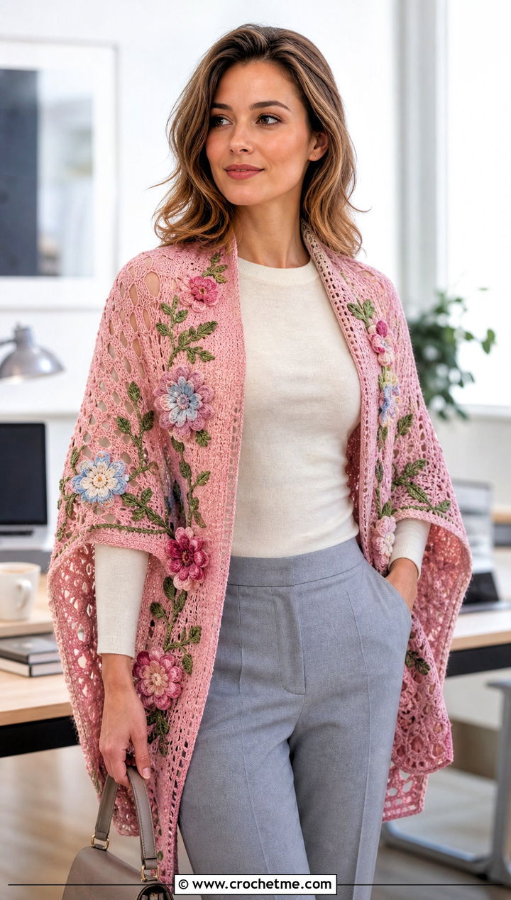 Paper Flowers Shawl With Tailored Pants And Loafers - 15 sophie digard crochet shawl outfit ideas