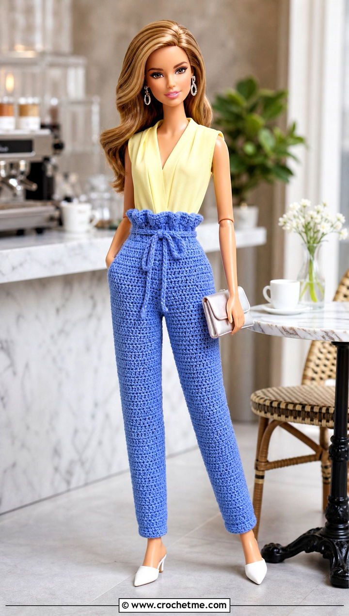 Paperbag Waist Crochet Doll Pants With Tucked Blouse - 25 Crochet Pants For Dolls outfit ideas