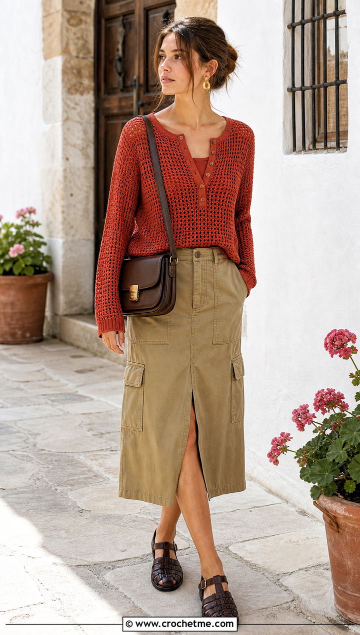 Paprika Crochet Henley Sweater With Utility Skirt - 35 crochet light sweater outfit ideas