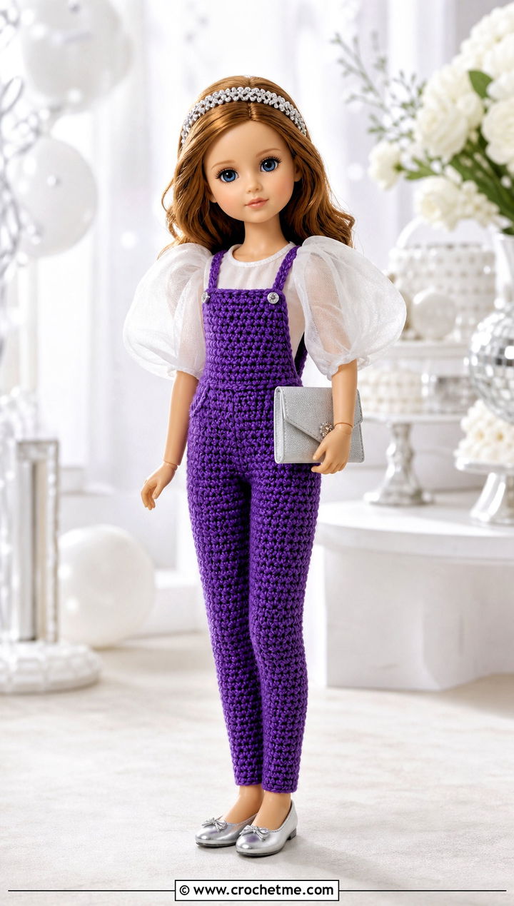 Party Crochet Doll Overalls With Organza Blouse - 30 crochet doll overalls outfit ideas