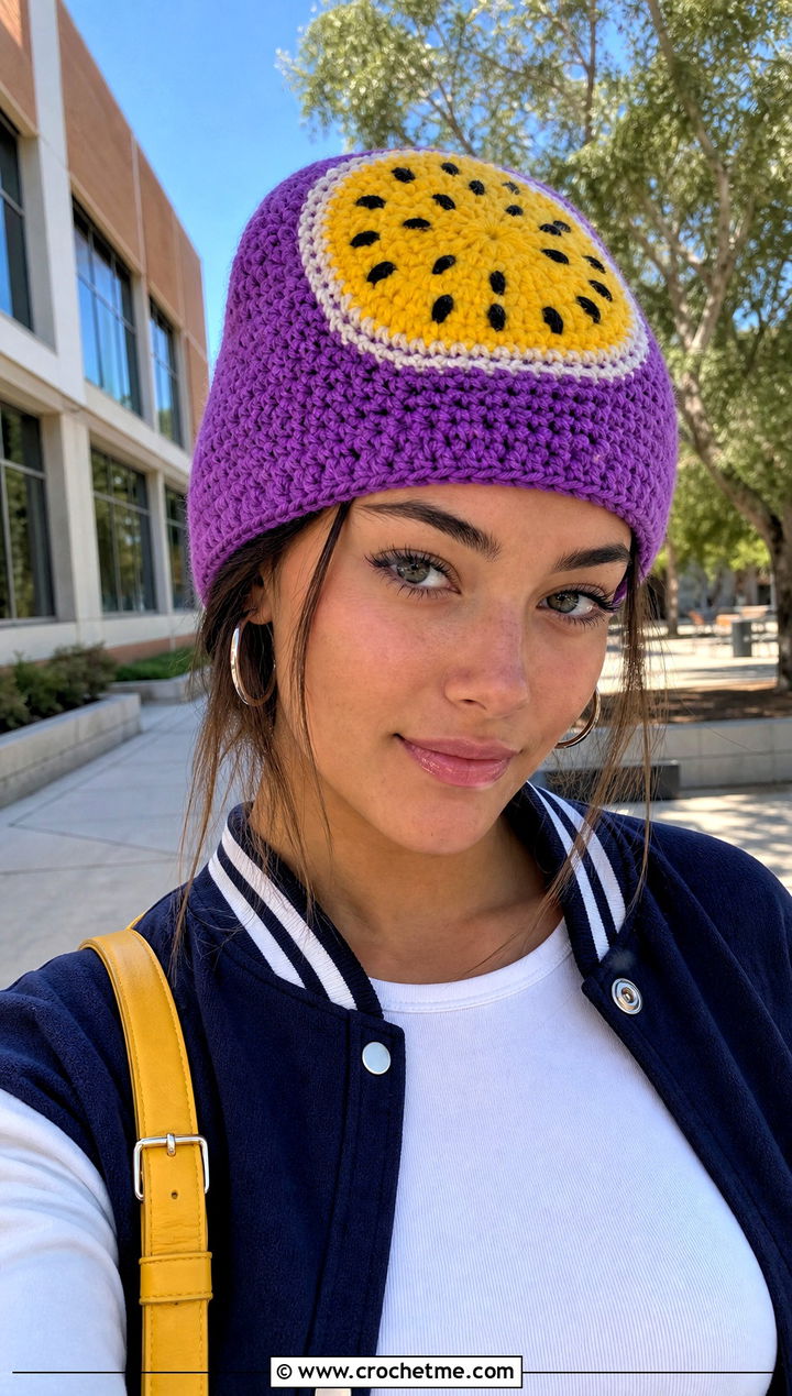 Passion Fruit Crochet Beanie With Varsity Jacket - 30 crochet fruit beanie outfit ideas