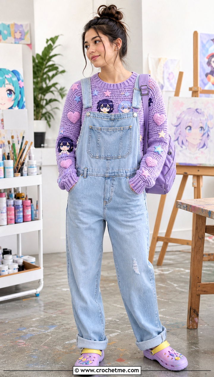 Pastel Anime Crochet Sweater With Denim Overalls - 30 Anime Crochet Sweater outfit ideas